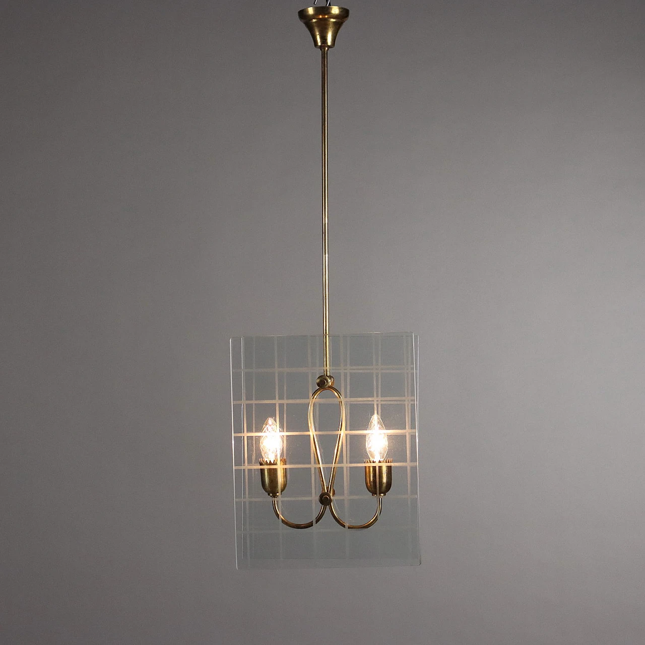 Lampadario a 2 luci in ottone dorato e vetro, anni '50 1