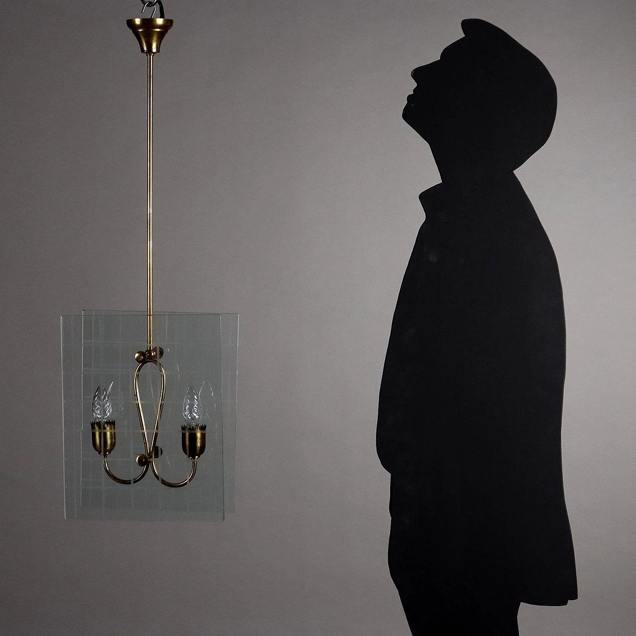 Lampadario a 2 luci in ottone dorato e vetro, anni '50 2