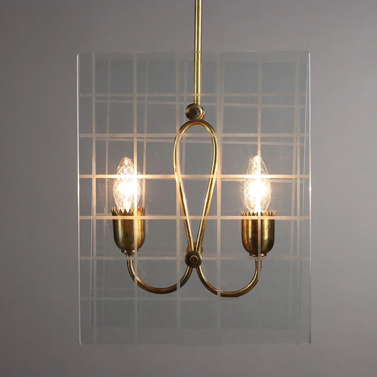 Lampadario a 2 luci in ottone dorato e vetro, anni '50 3