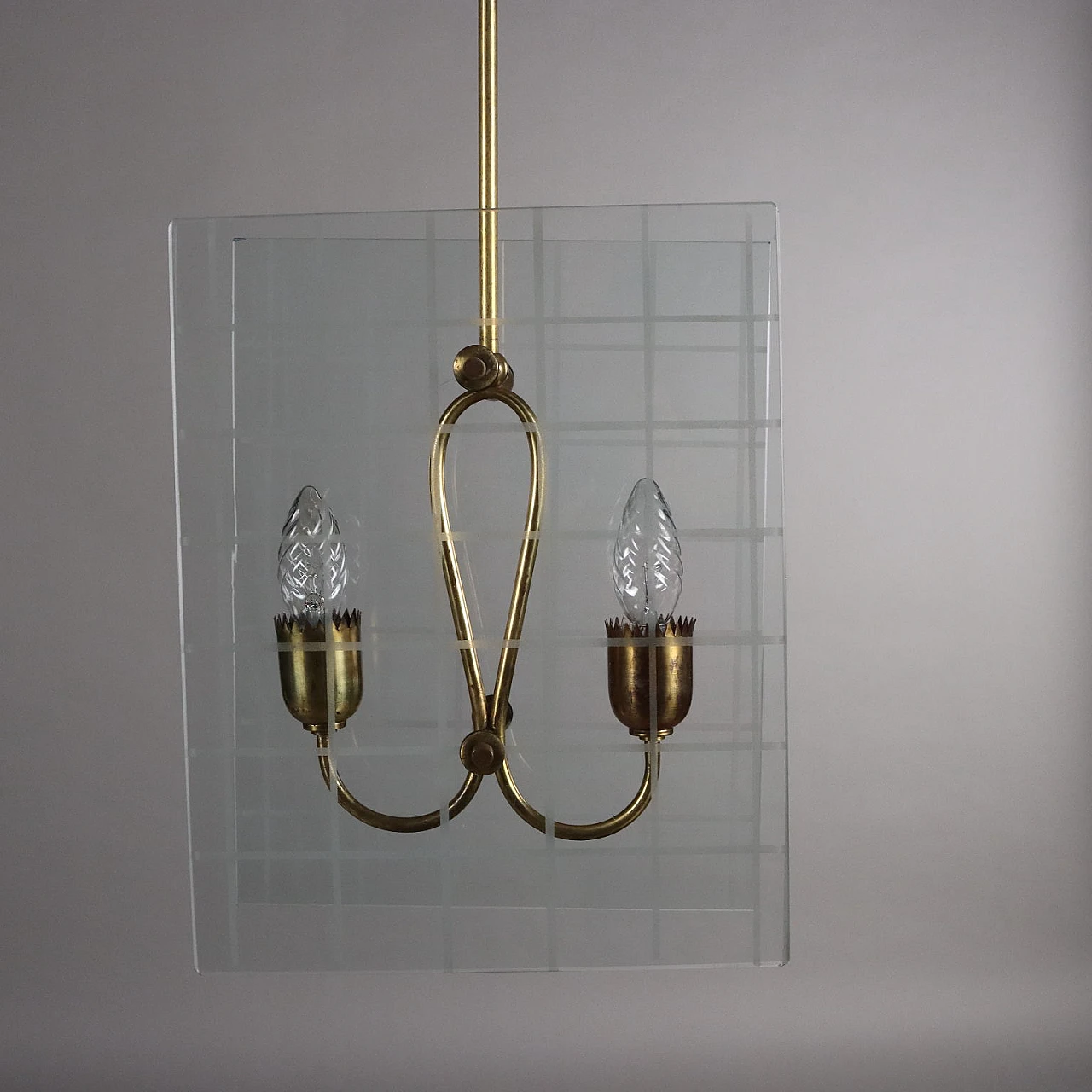 Lampadario a 2 luci in ottone dorato e vetro, anni '50 7