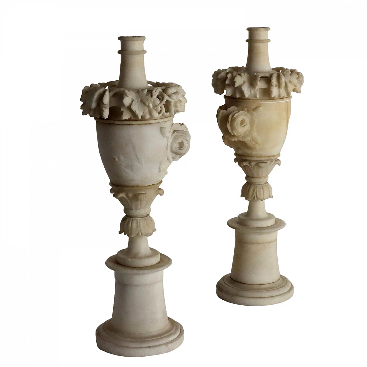 Pair of alabaster candelabra with flowers & leafs 19th century 1