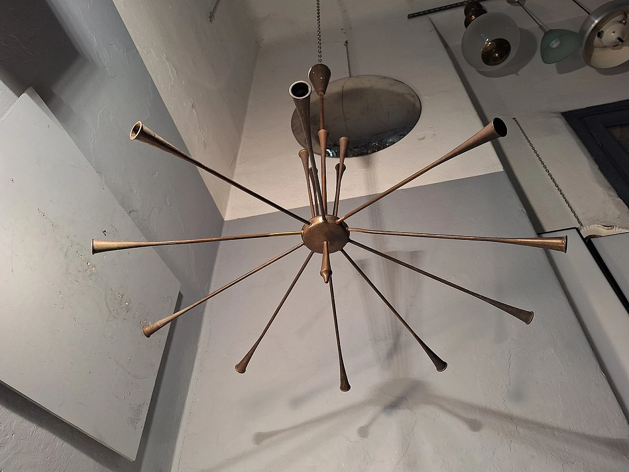 Lampadario Sputnik in ottone di Oscar Torlasco di Lumi, anni '60 6