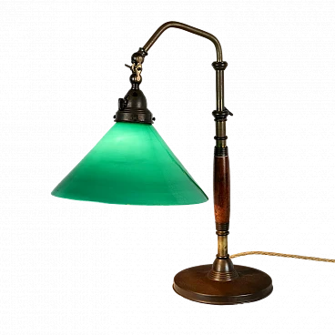 Lampada da tavolo in ottone, legno e vetro, anni '50