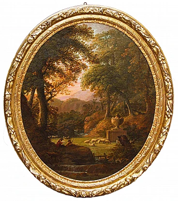 Seguace di Lorrain, paesaggio, dipinto a olio su tela, '600