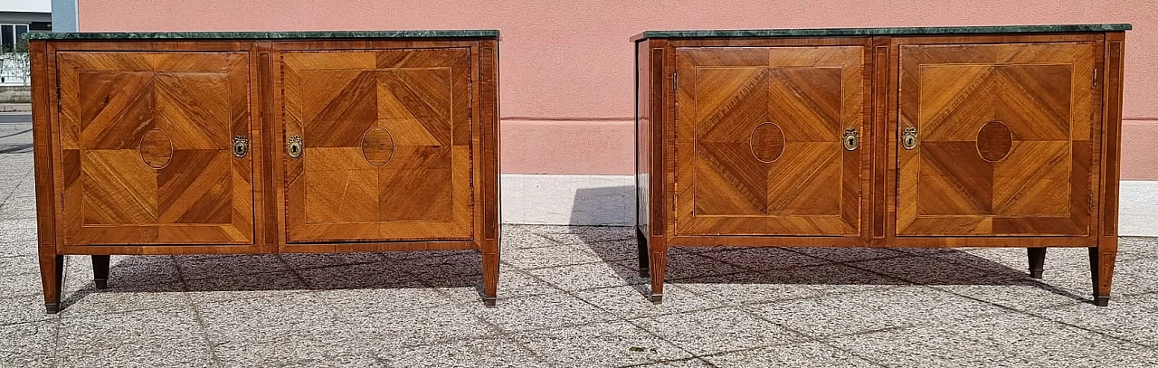 Pair of sideboards in walnut veneer & green marble tops, 18th century 1