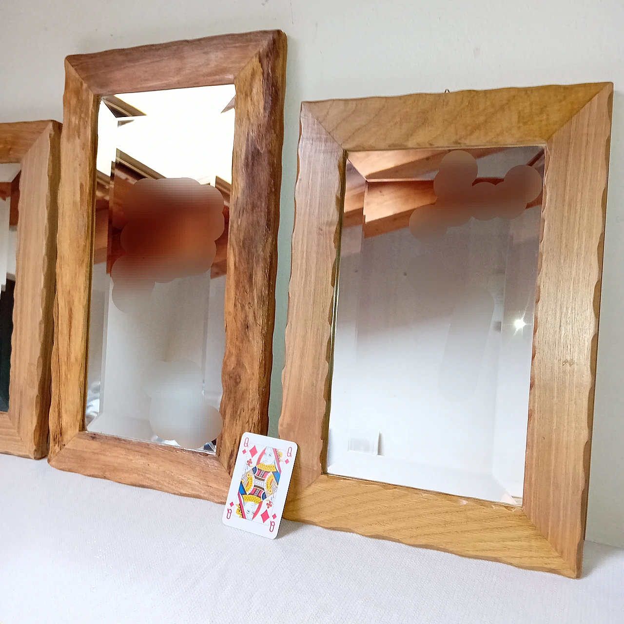 3 Mirrors with bevelled glass and carved wooden frame, 1980s 3