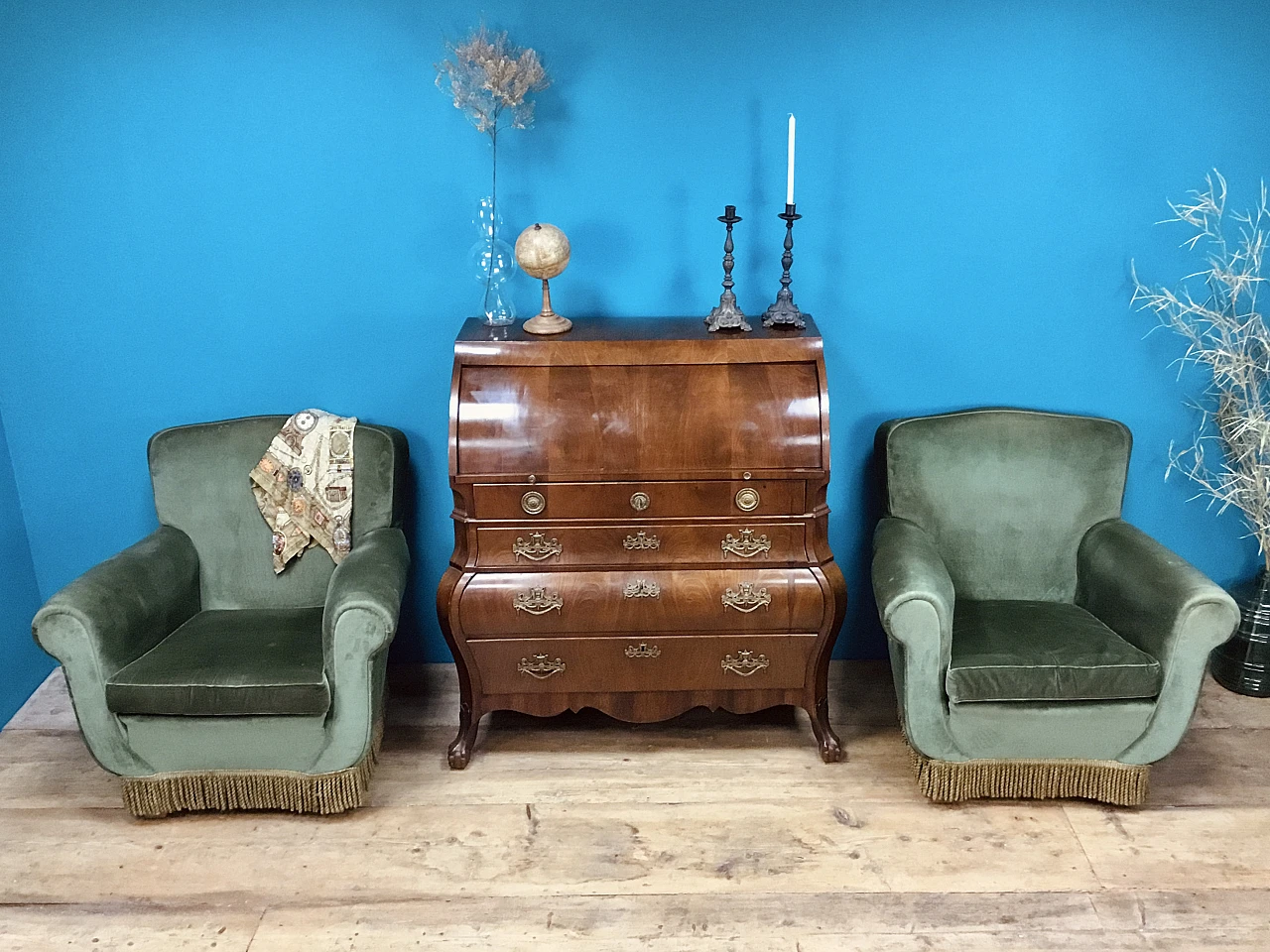 Pair of green velvet Bergère armchairs with fringes, 1950s 2