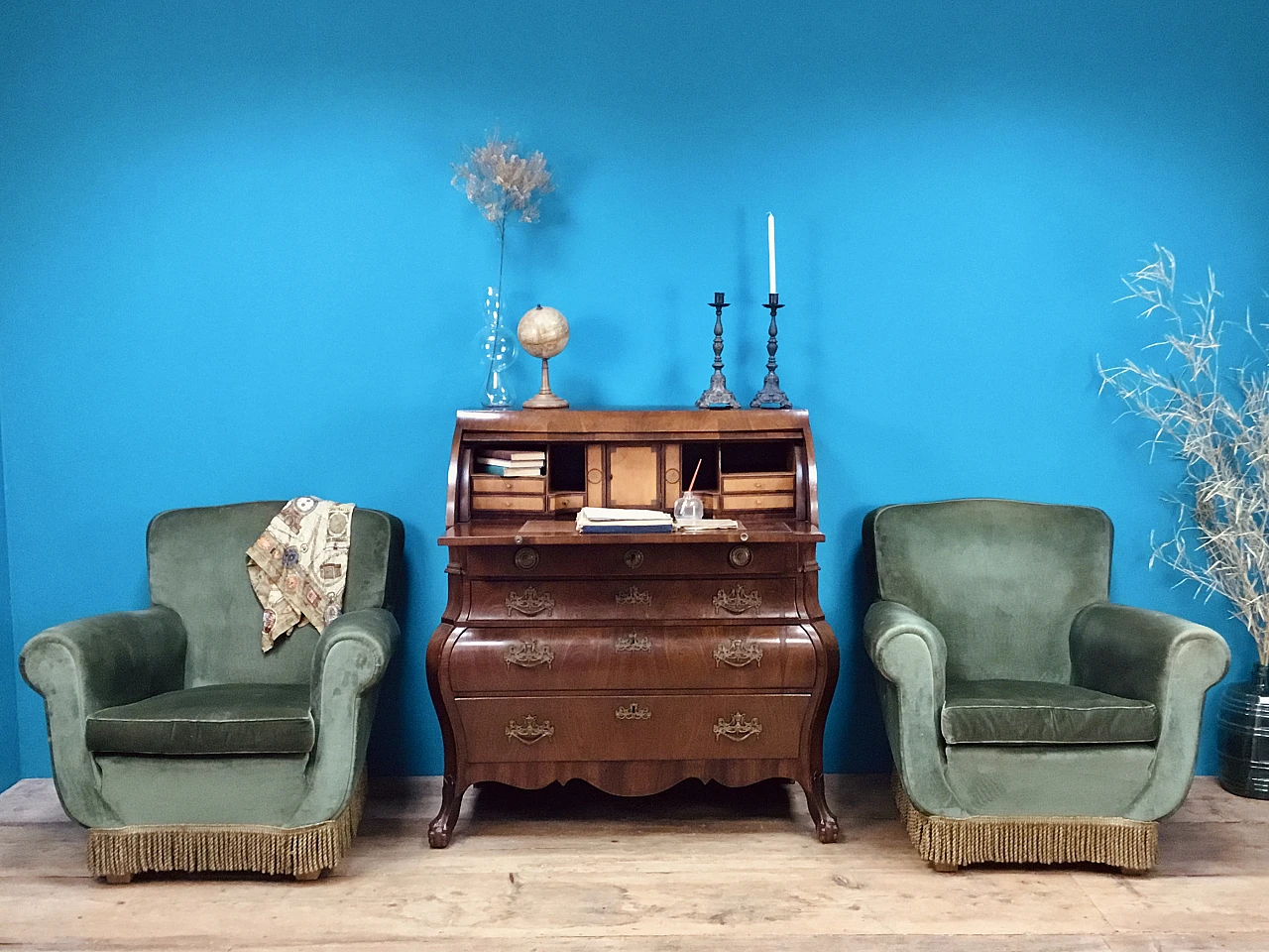 Pair of green velvet Bergère armchairs with fringes, 1950s 3