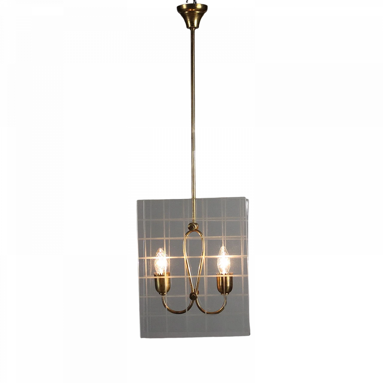 Lampadario a 2 luci in ottone dorato e vetro, anni '50 8