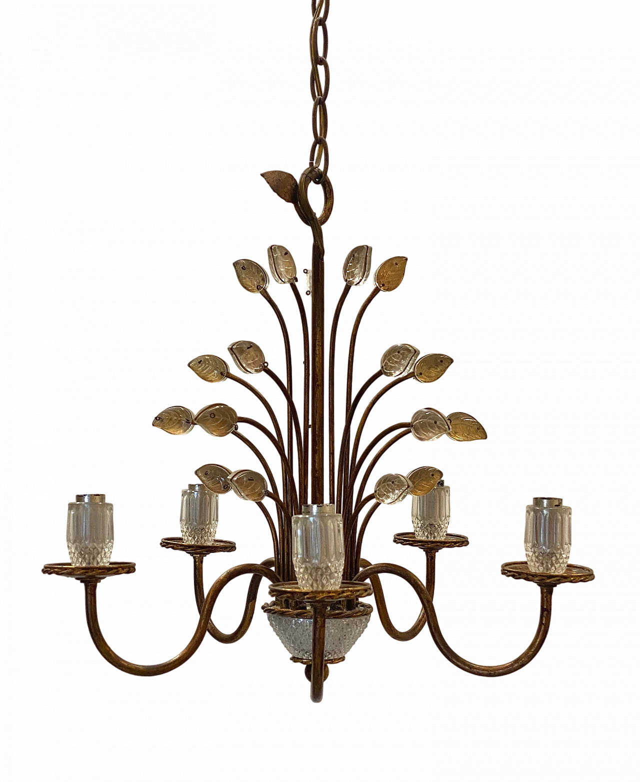 5-Light chandelier in golden iron & glass by Maison Bagues, 1970s 8