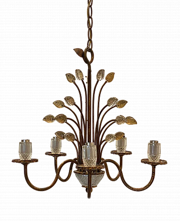 5-Light chandelier in golden iron & glass by Maison Bagues, 1970s