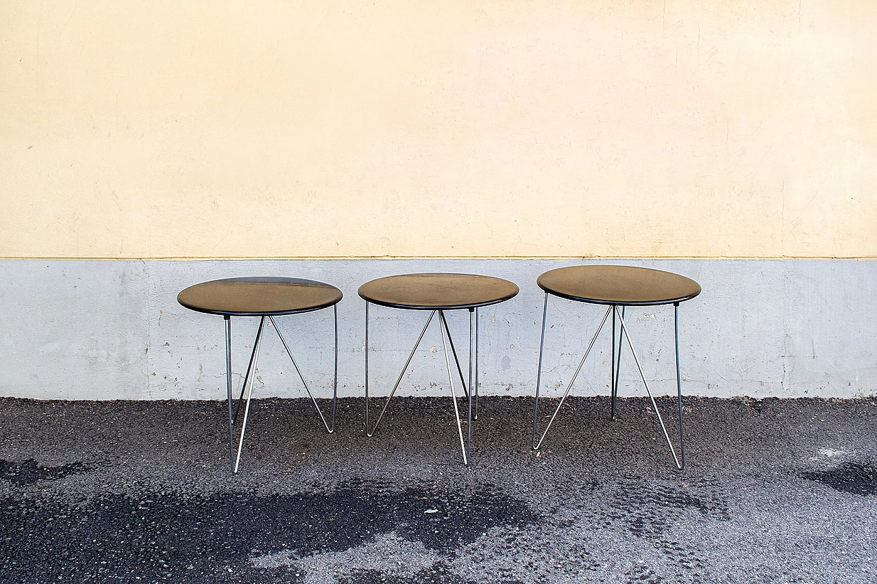 3 Round black lacquered and chromed metal coffee tables, 1980s 1