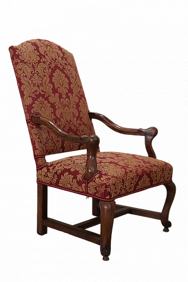 Louis XIV walnut and damask fabric armchair, early 18th century