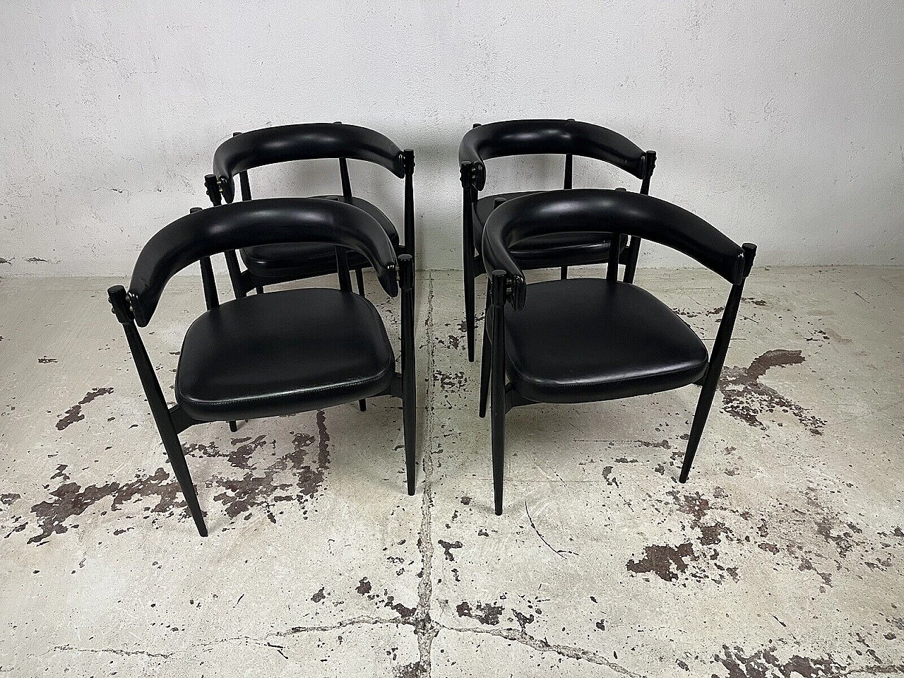 4 Black stained wood and leather chairs, 1970s 1