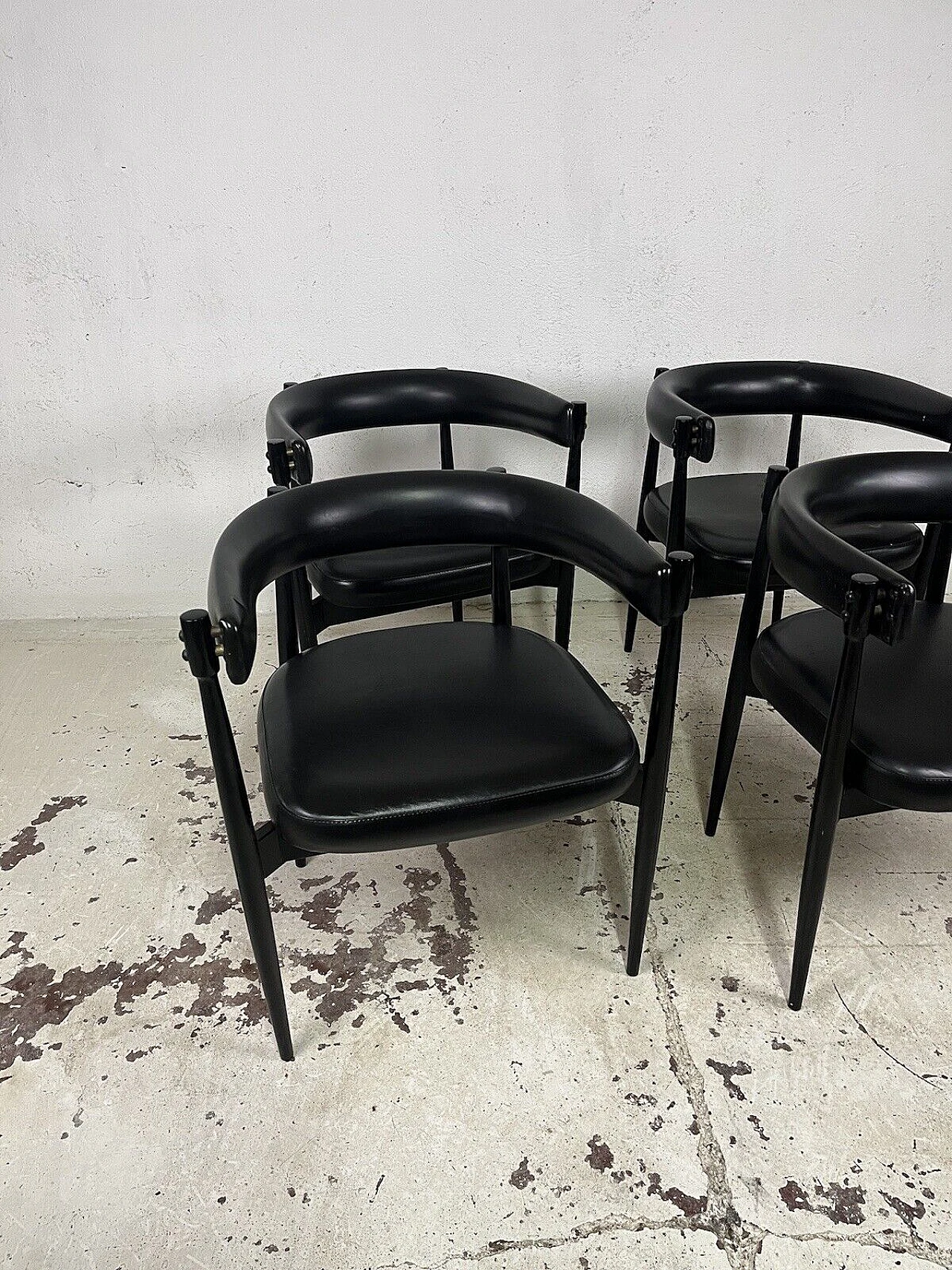 4 Black stained wood and leather chairs, 1970s 3