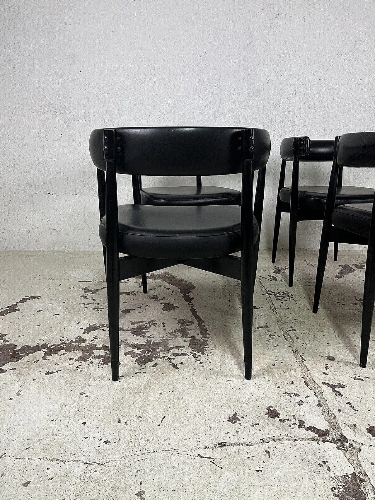 4 Black stained wood and leather chairs, 1970s 9