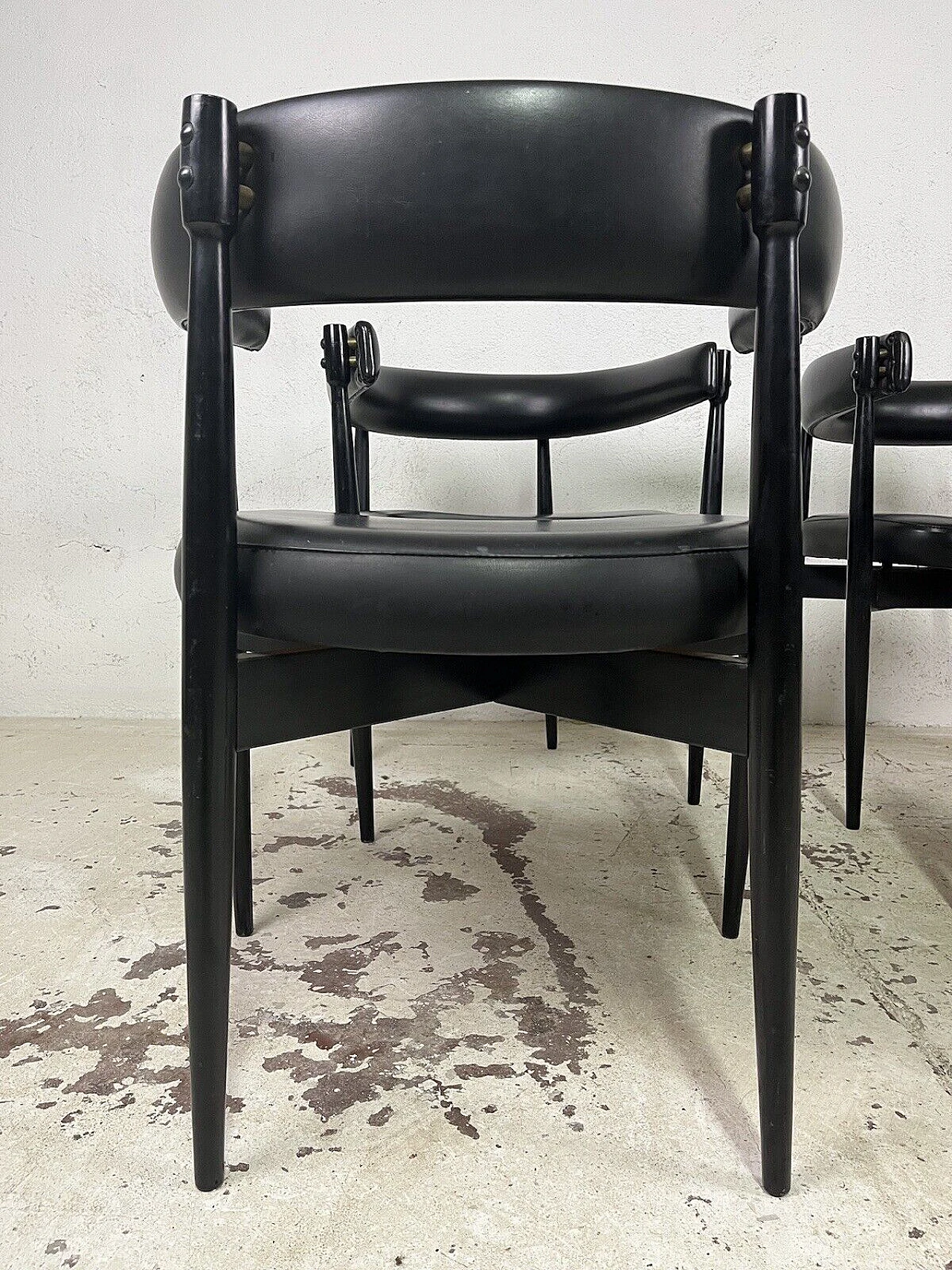 4 Black stained wood and leather chairs, 1970s 10