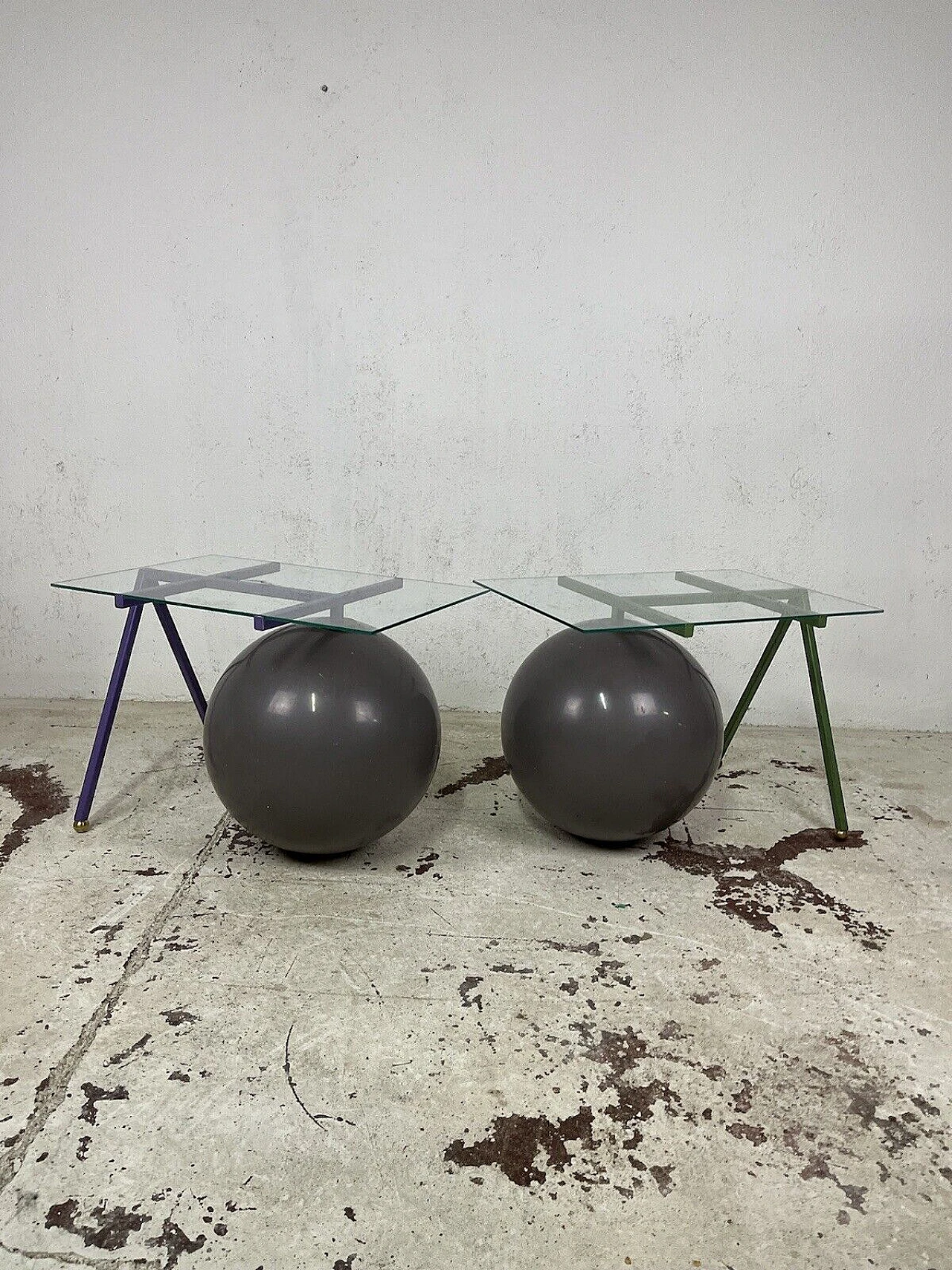 Pair of metal, glass and plastic coffee tables, 1980s 1