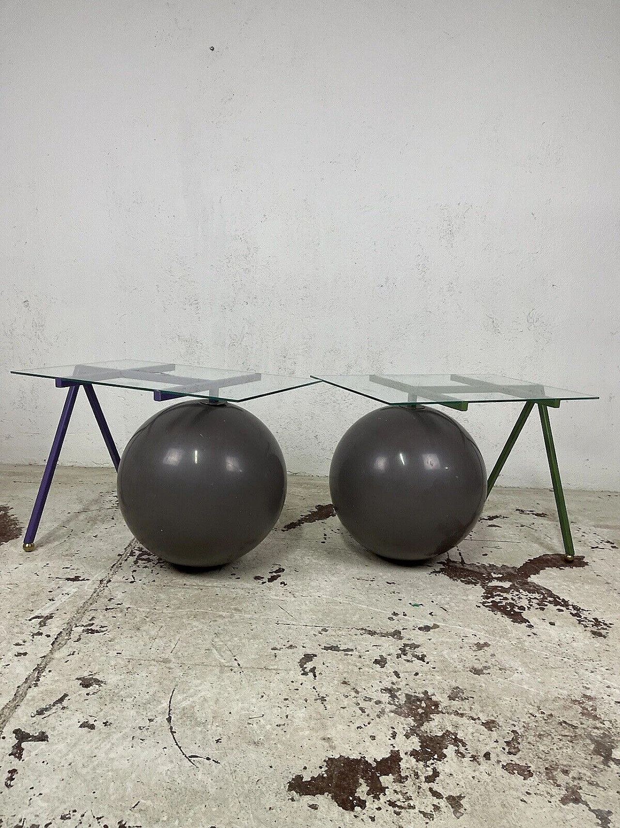 Pair of metal, glass and plastic coffee tables, 1980s 2