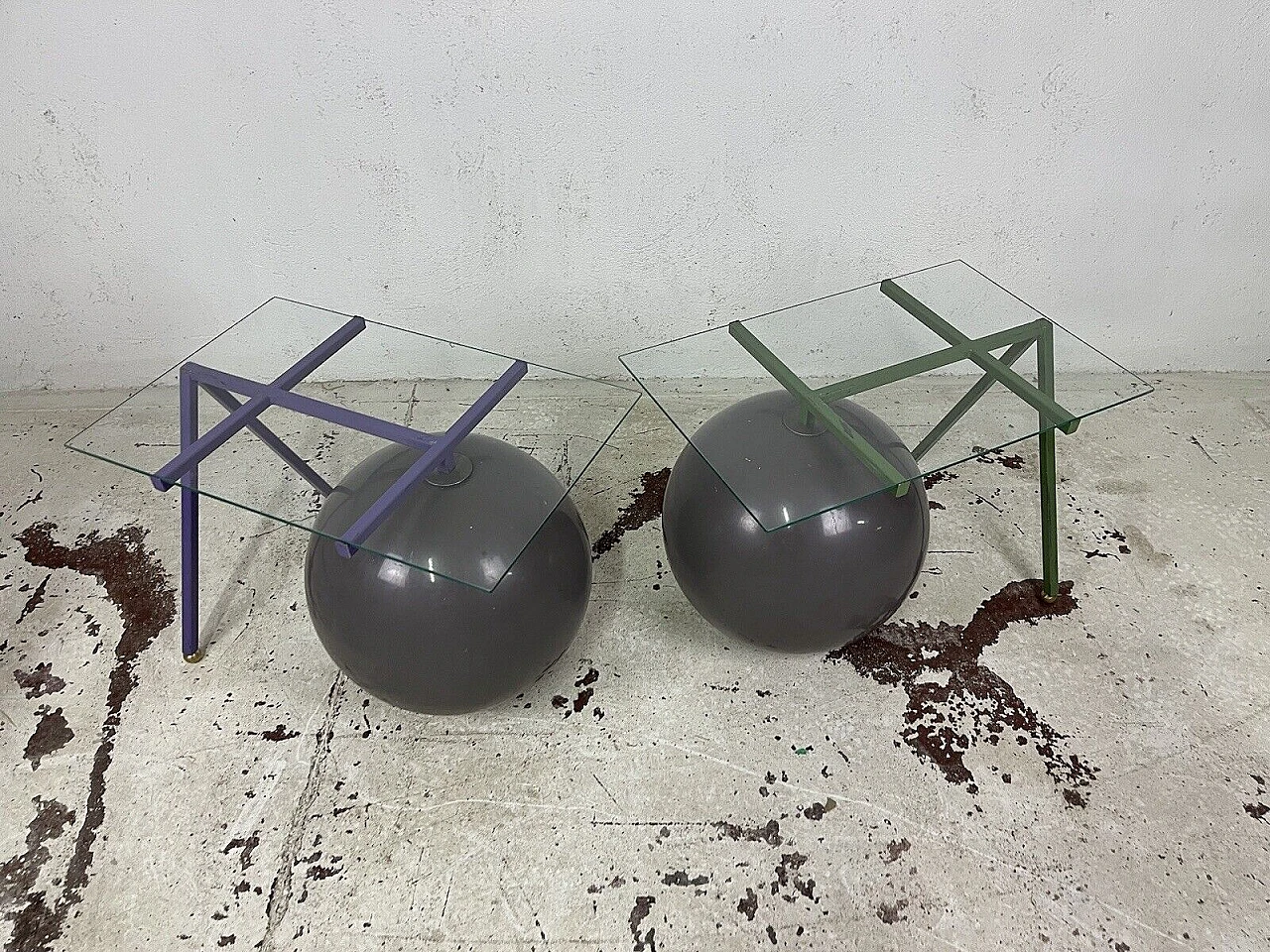 Pair of metal, glass and plastic coffee tables, 1980s 4