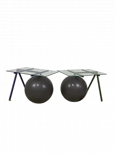 Pair of metal, glass and plastic coffee tables, 1980s