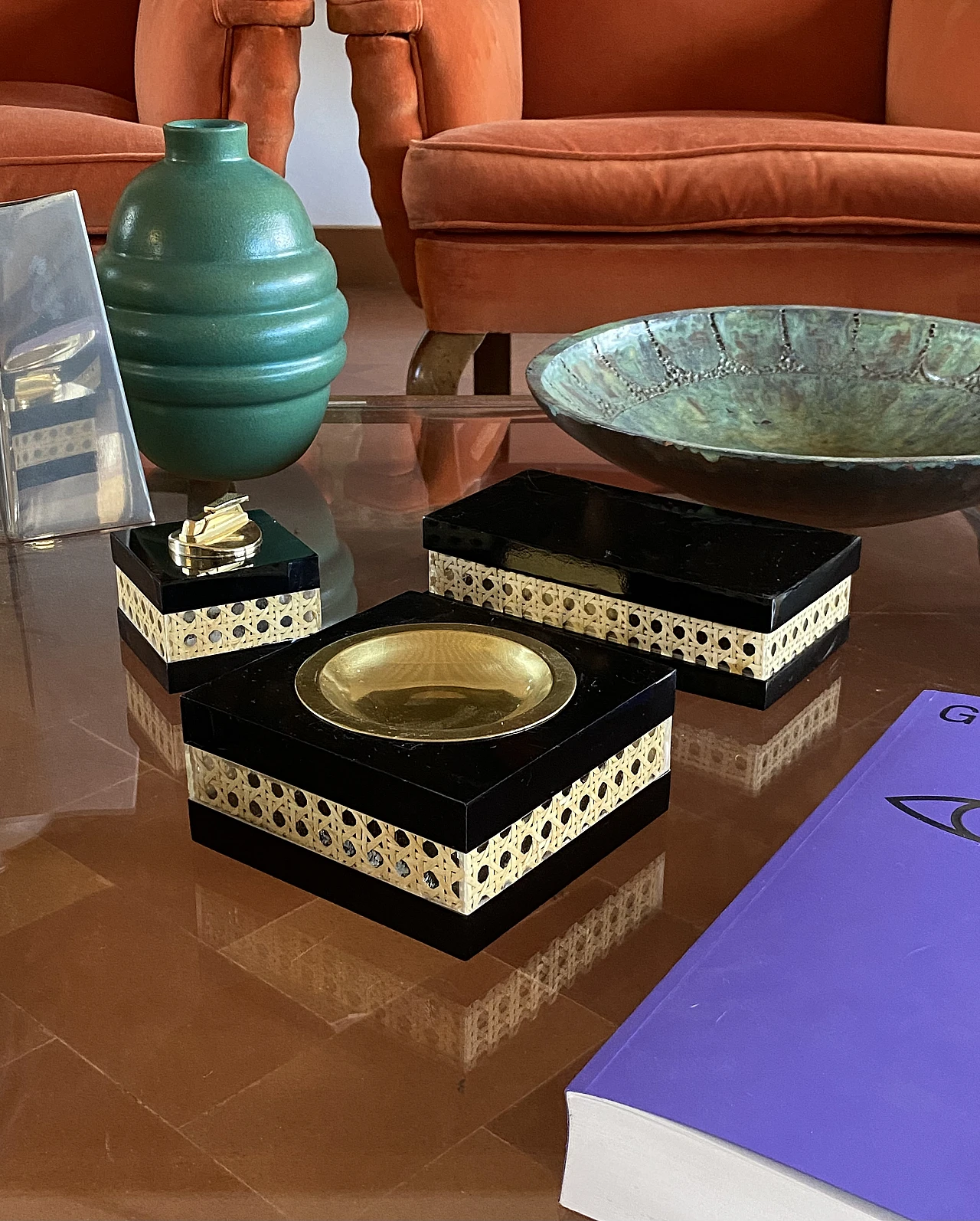 Set da fumo in lucite, ottone e paglia di Vienna, anni '70 8