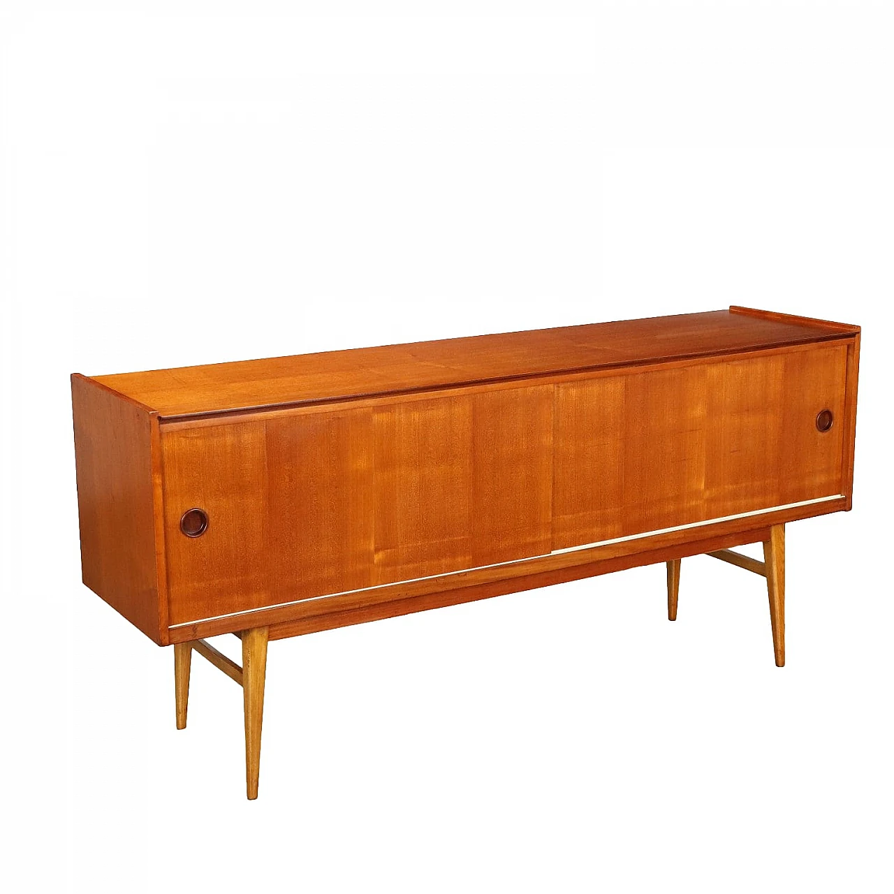 Credenza impiallicciata in teak con ante scorrevoli, anni '60 1