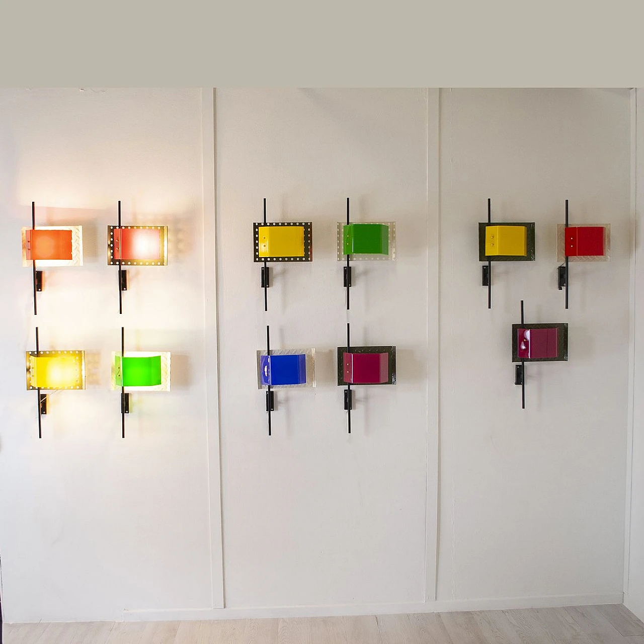 Wall light with lacquered iron & colored multiplex diffuser, 1980s 6