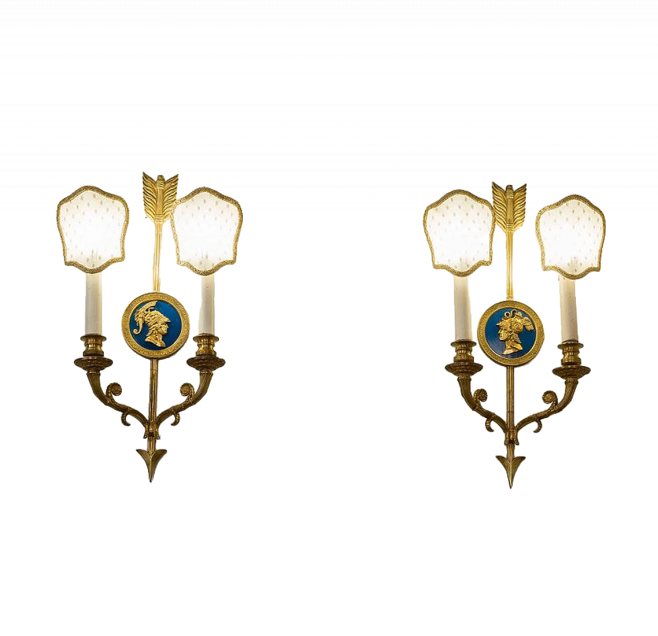 Pair of Neoclassical style bronze and fabric wall lights, 1940s 11