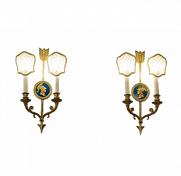 Pair of Neoclassical style bronze and fabric wall lights, 1940s