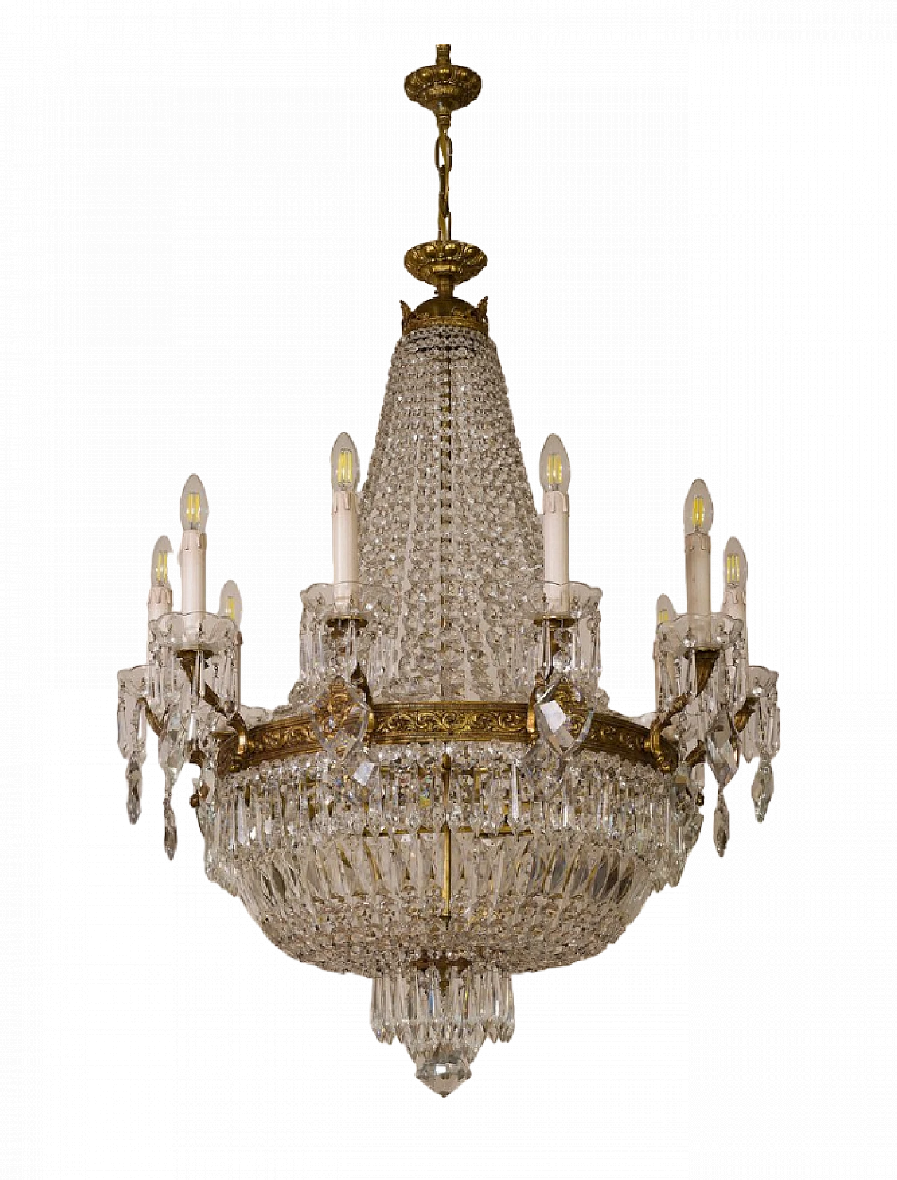 Lampadario stile Impero in ottone e cristallo, anni '40 12