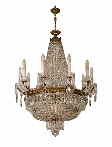 Lampadario stile Impero in ottone e cristallo, anni '40