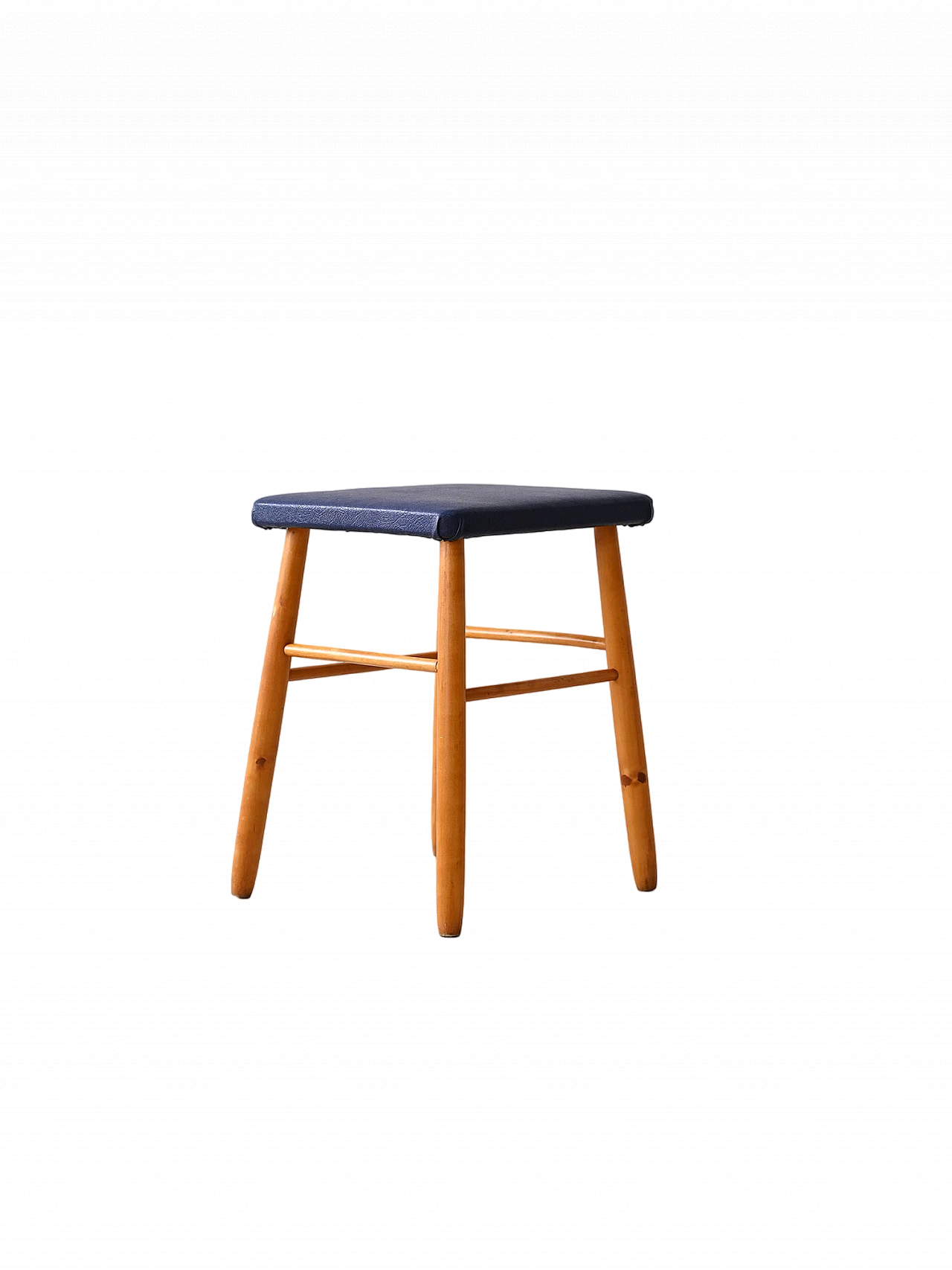 Sgabello scandinavo in legno e similpelle blu, anni '60 8