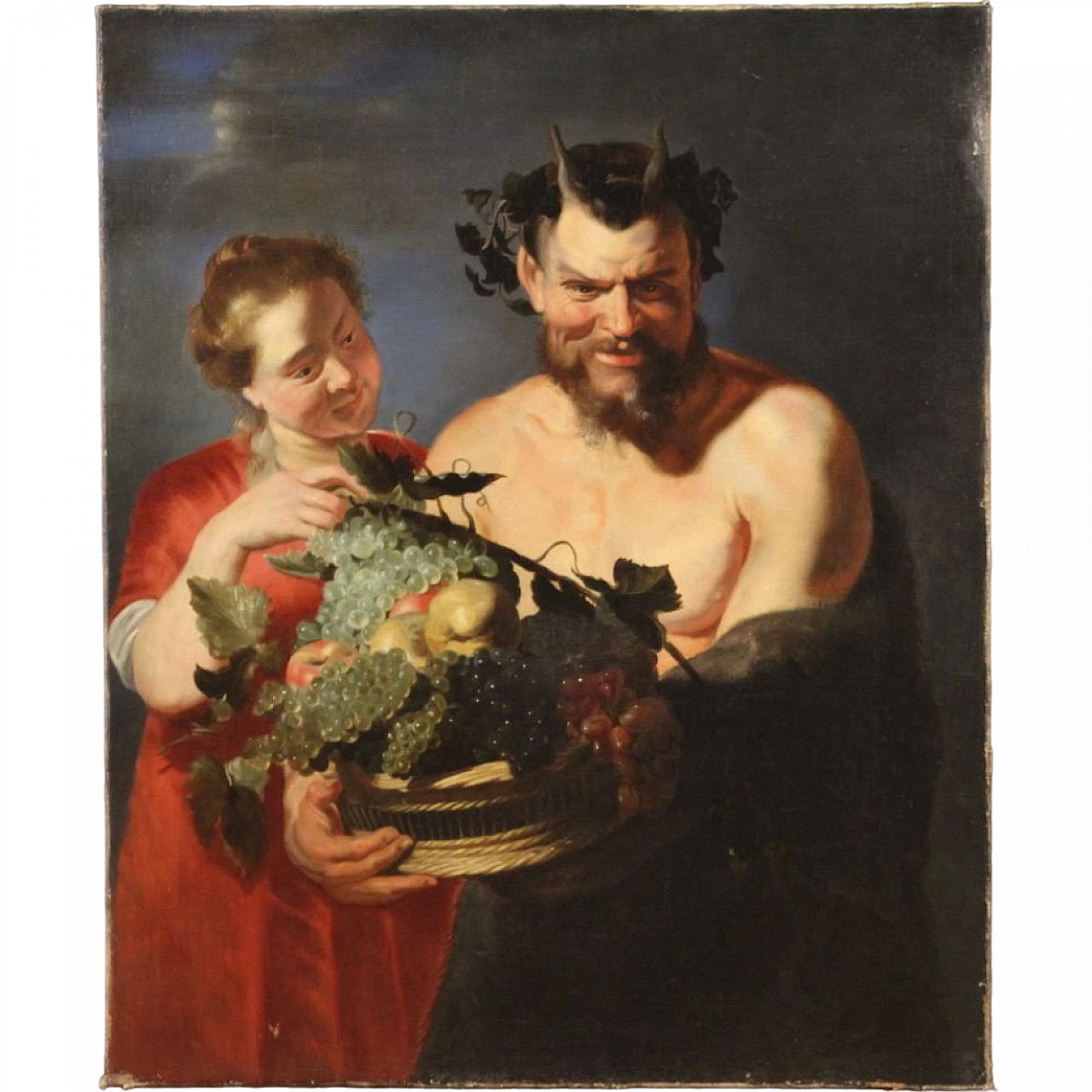 Faun and Bacchante, Flemish oil painting on canvas, 17th century 16