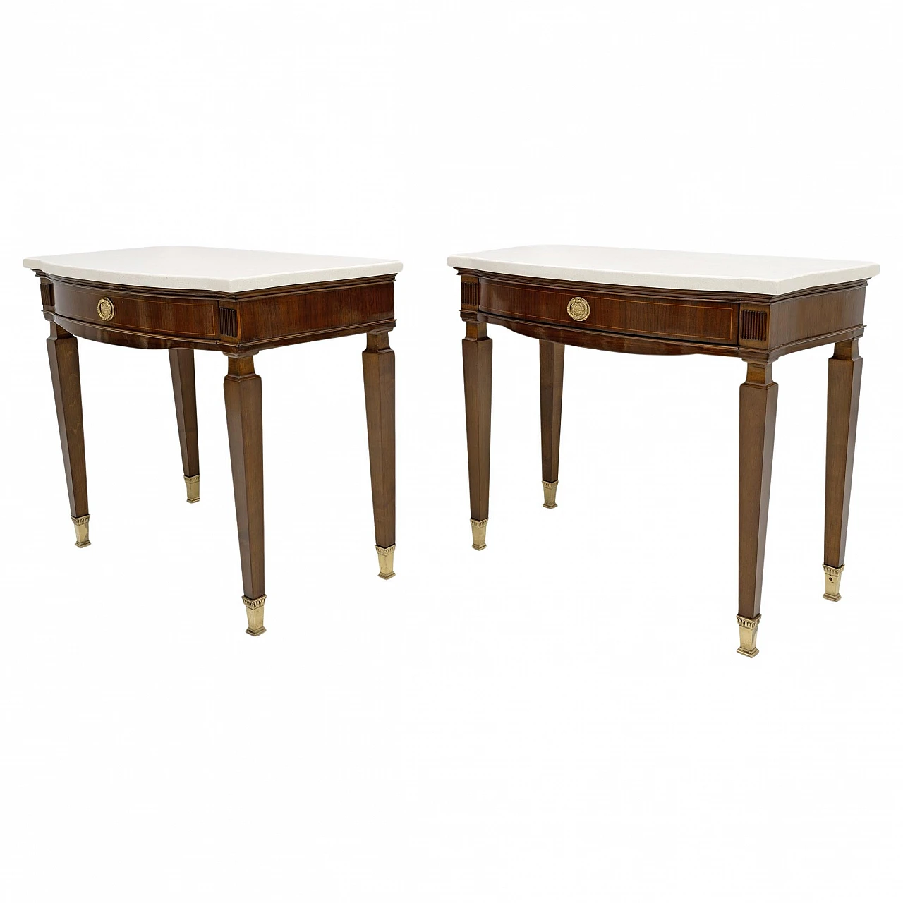 Pair of Neoclassical style marble and mahogany bedside tables, 1950s 1