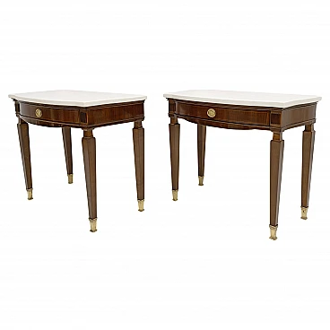 Pair of Neoclassical style marble and mahogany bedside tables, 1950s