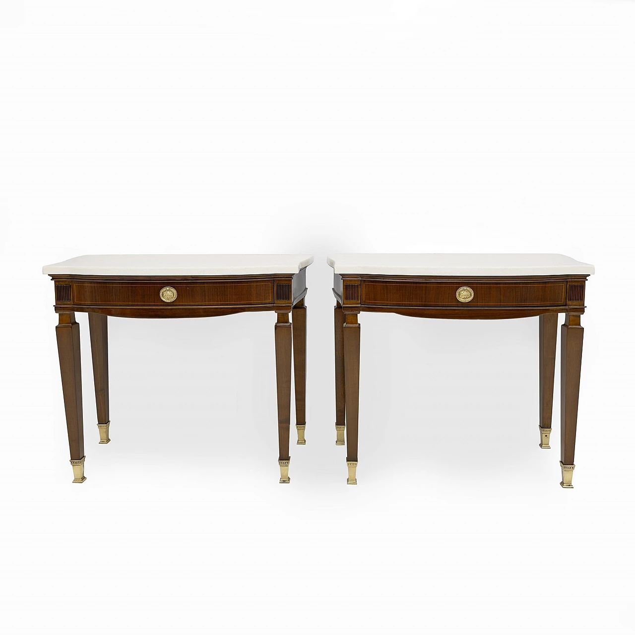 Pair of Neoclassical style marble and mahogany bedside tables, 1950s 2