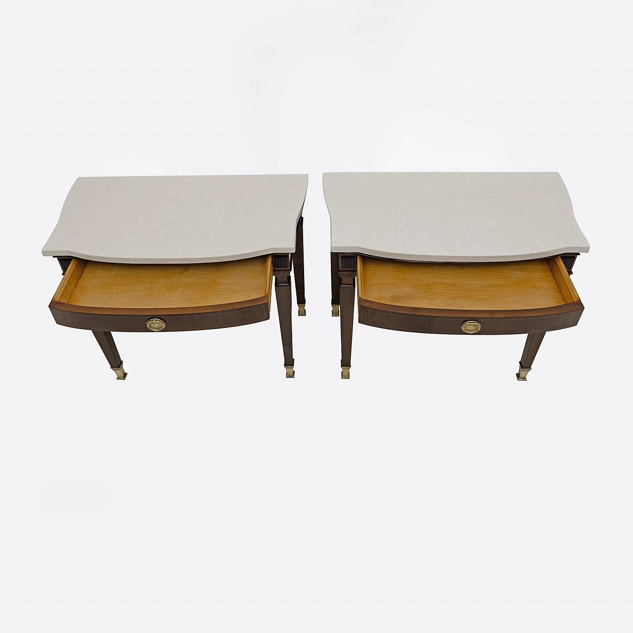 Pair of Neoclassical style marble and mahogany bedside tables, 1950s 4