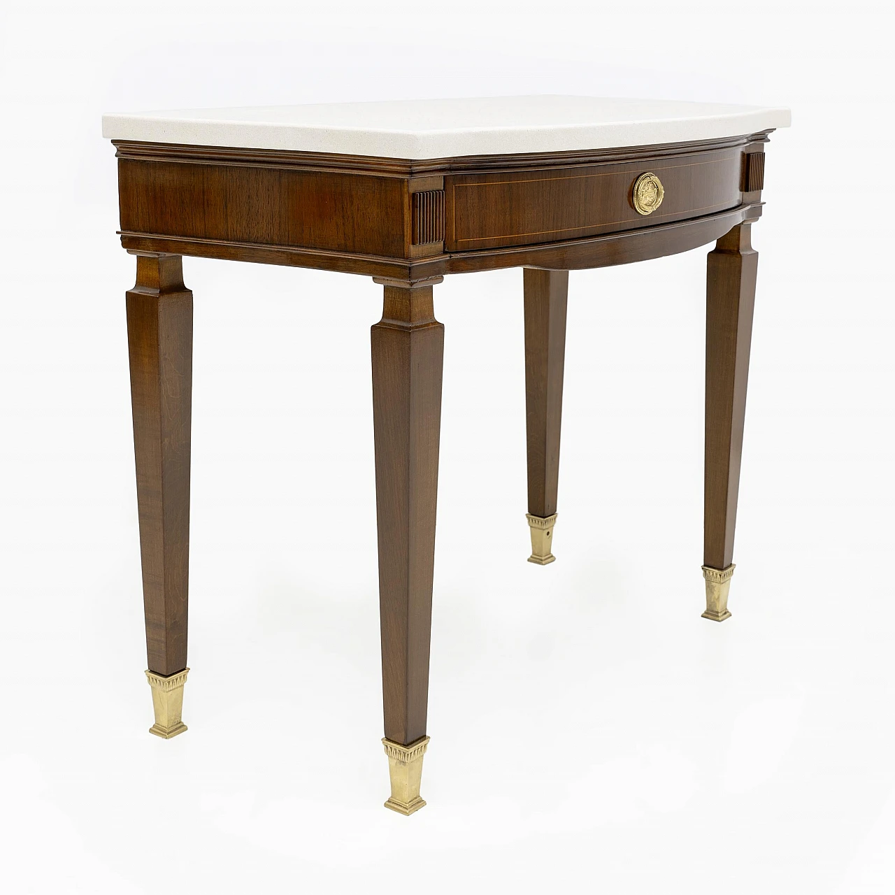 Pair of Neoclassical style marble and mahogany bedside tables, 1950s 5