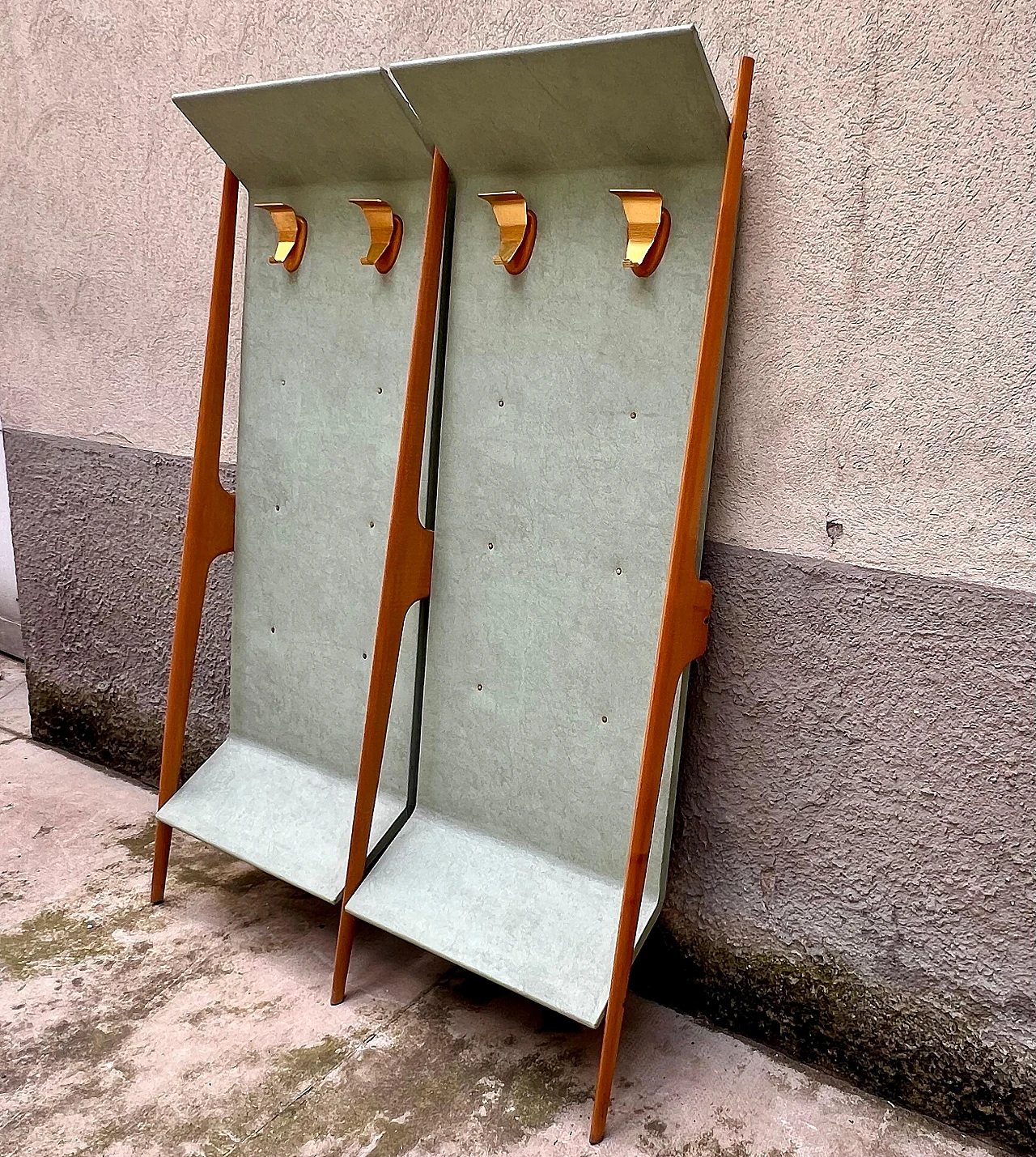 Wood and light green vinyl coat rack, 1950s 2