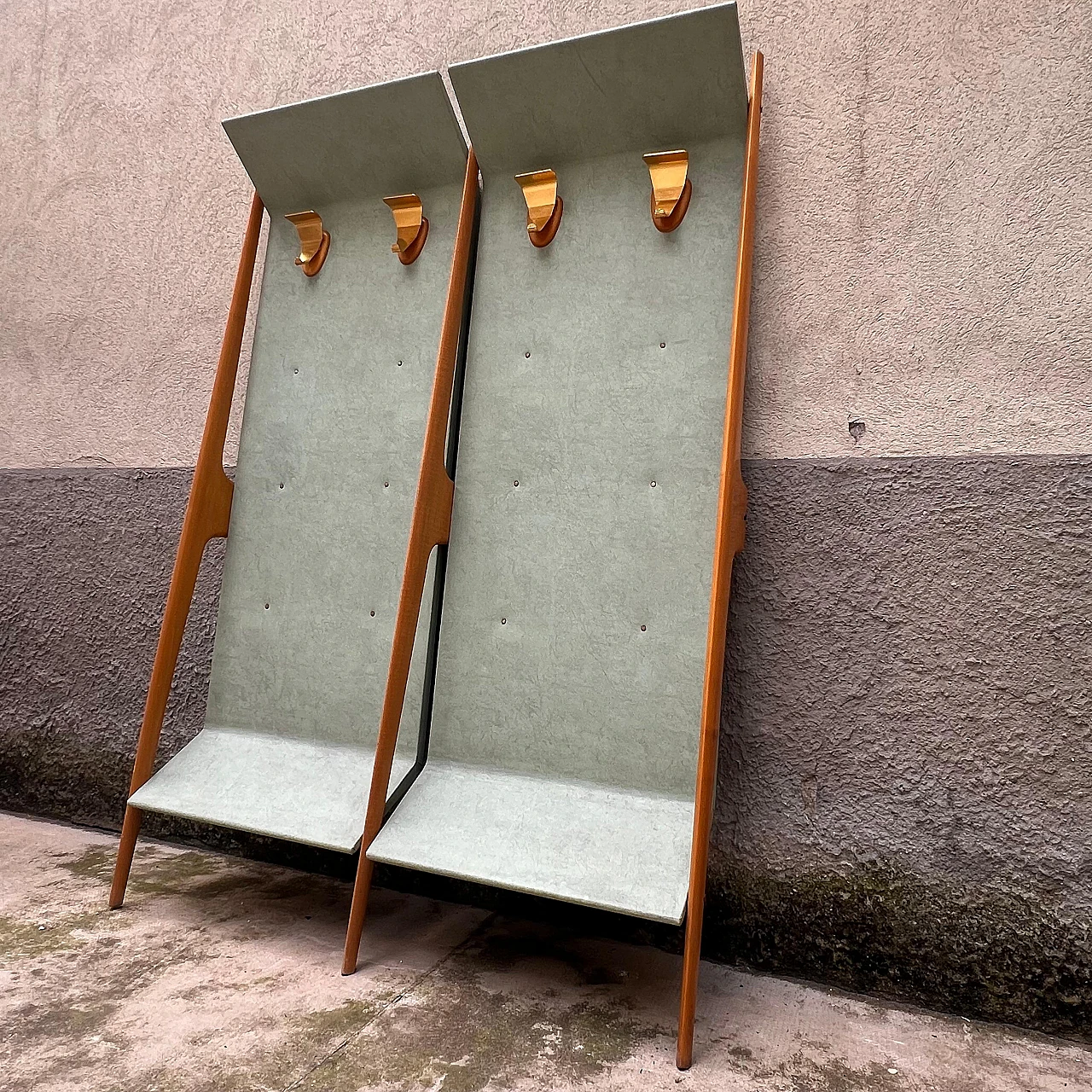 Wood and light green vinyl coat rack, 1950s 3