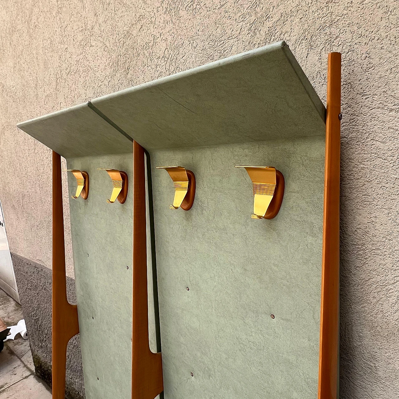 Wood and light green vinyl coat rack, 1950s 4