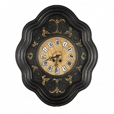 Ox-eye wall pendulum clock in inlaid wood & alabaster, 19th century