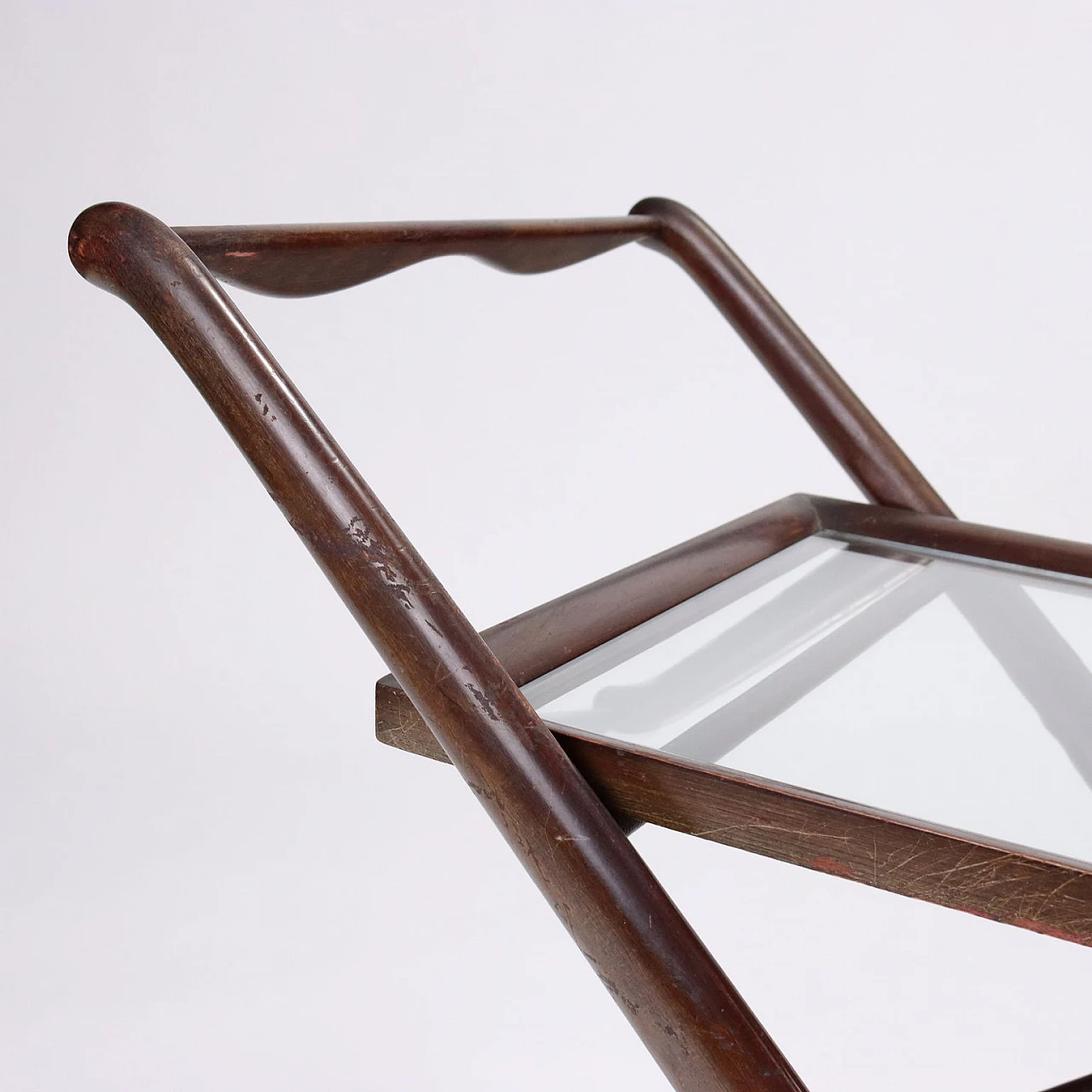 Double-shelf bar cart in stained beech & glass, 1950s 4