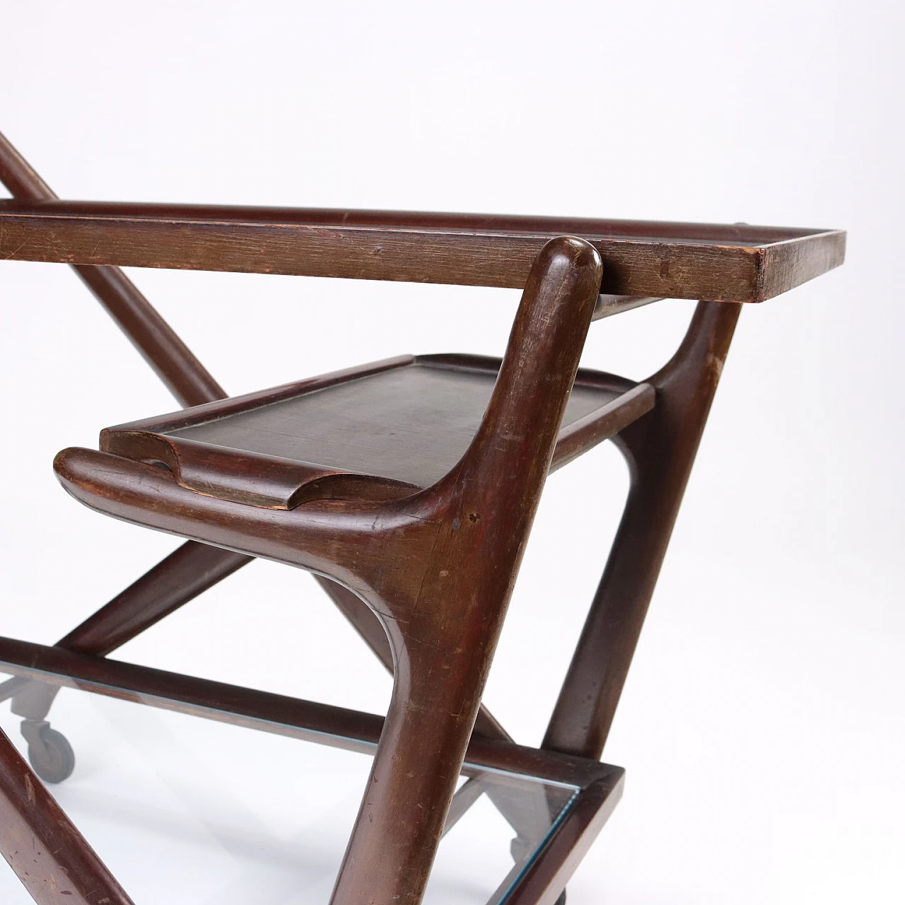 Double-shelf bar cart in stained beech & glass, 1950s 6