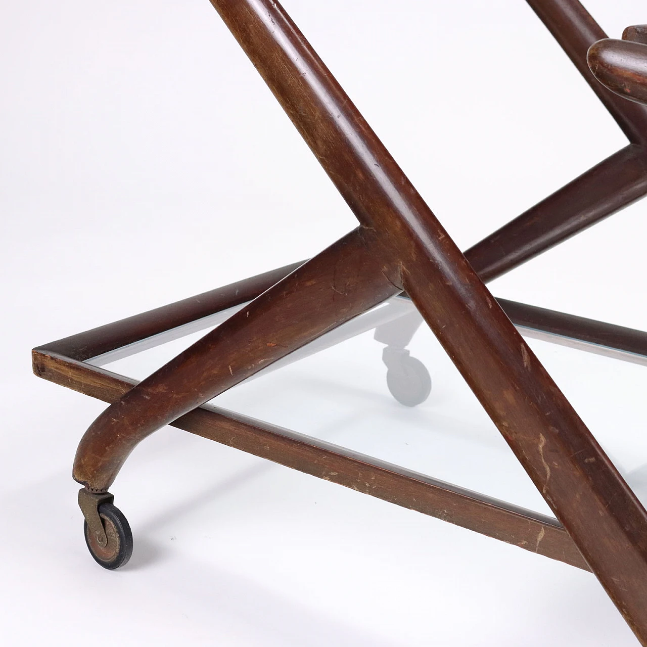 Double-shelf bar cart in stained beech & glass, 1950s 8