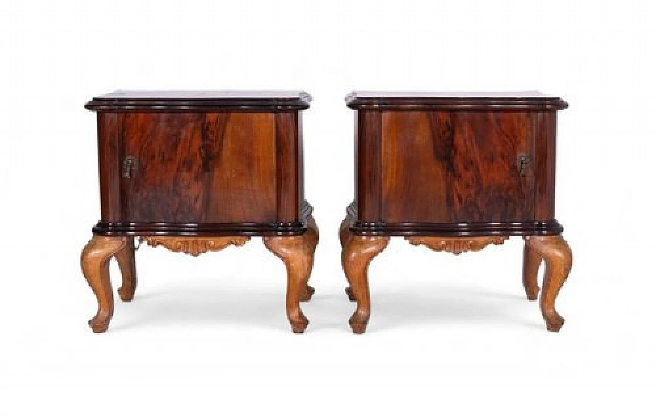 Pair of bedside tables in carved wood & metal handles, 2000s 1