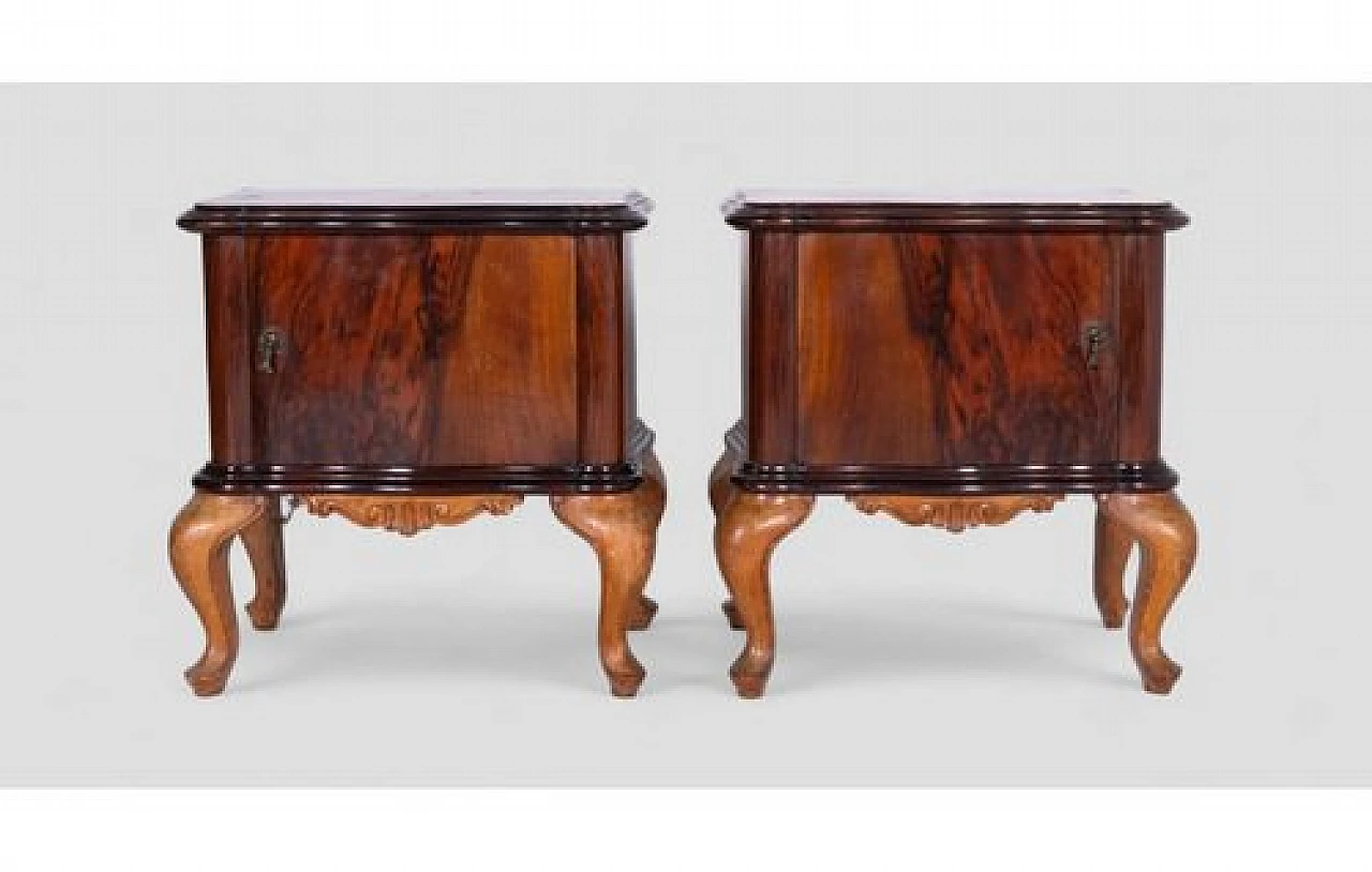 Pair of bedside tables in carved wood & metal handles, 2000s 2