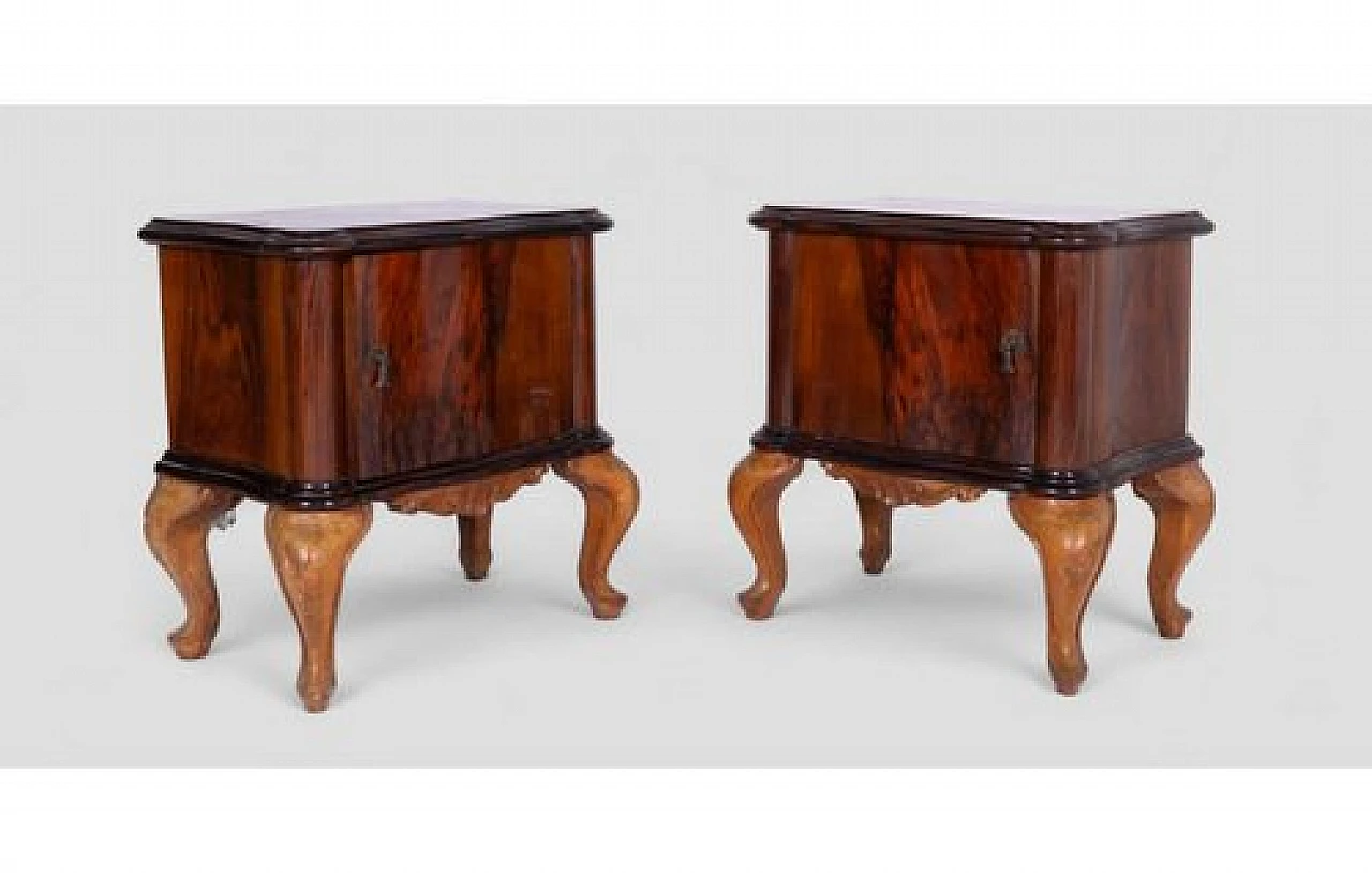 Pair of bedside tables in carved wood & metal handles, 2000s 4