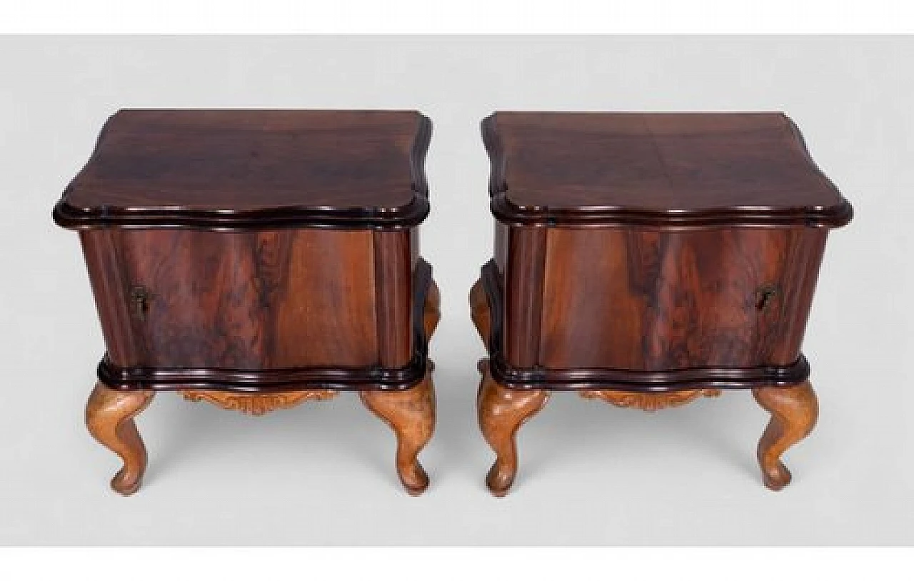 Pair of bedside tables in carved wood & metal handles, 2000s 6